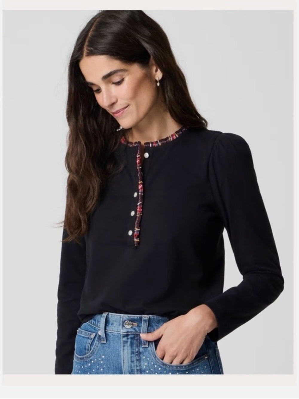 NEW Jcrew Black Long-Sleeve cotton Top with Contrast Trim
